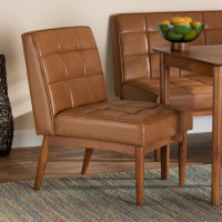 Baxton Studio BBT8051.11-TanWalnut-CC Baxton Studio Sanford Mid-Century Modern Tan Faux Leather Upholstered and Walnut Brown Finished Wood Dining Chair